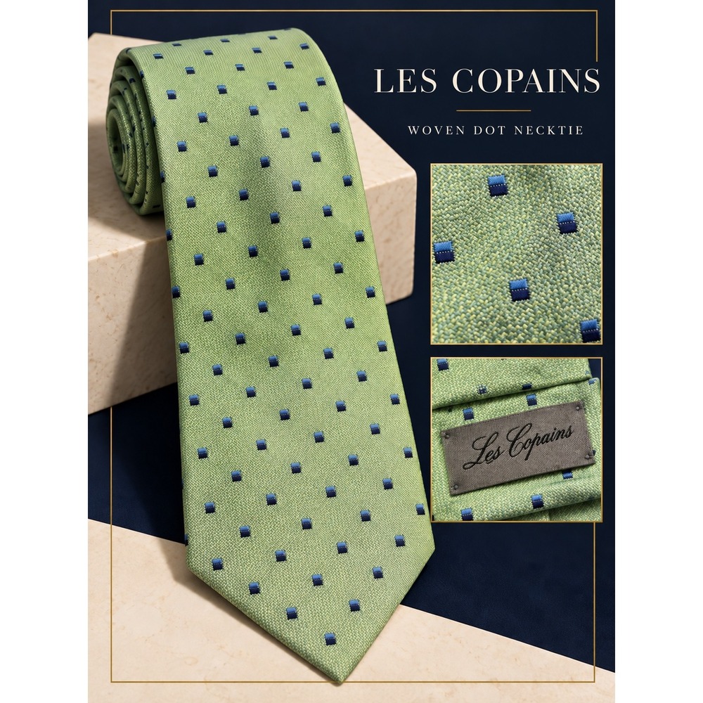 Les Copains Mens Silk Linen Blend Tie Green Navy Blue Geometric Made in Italy